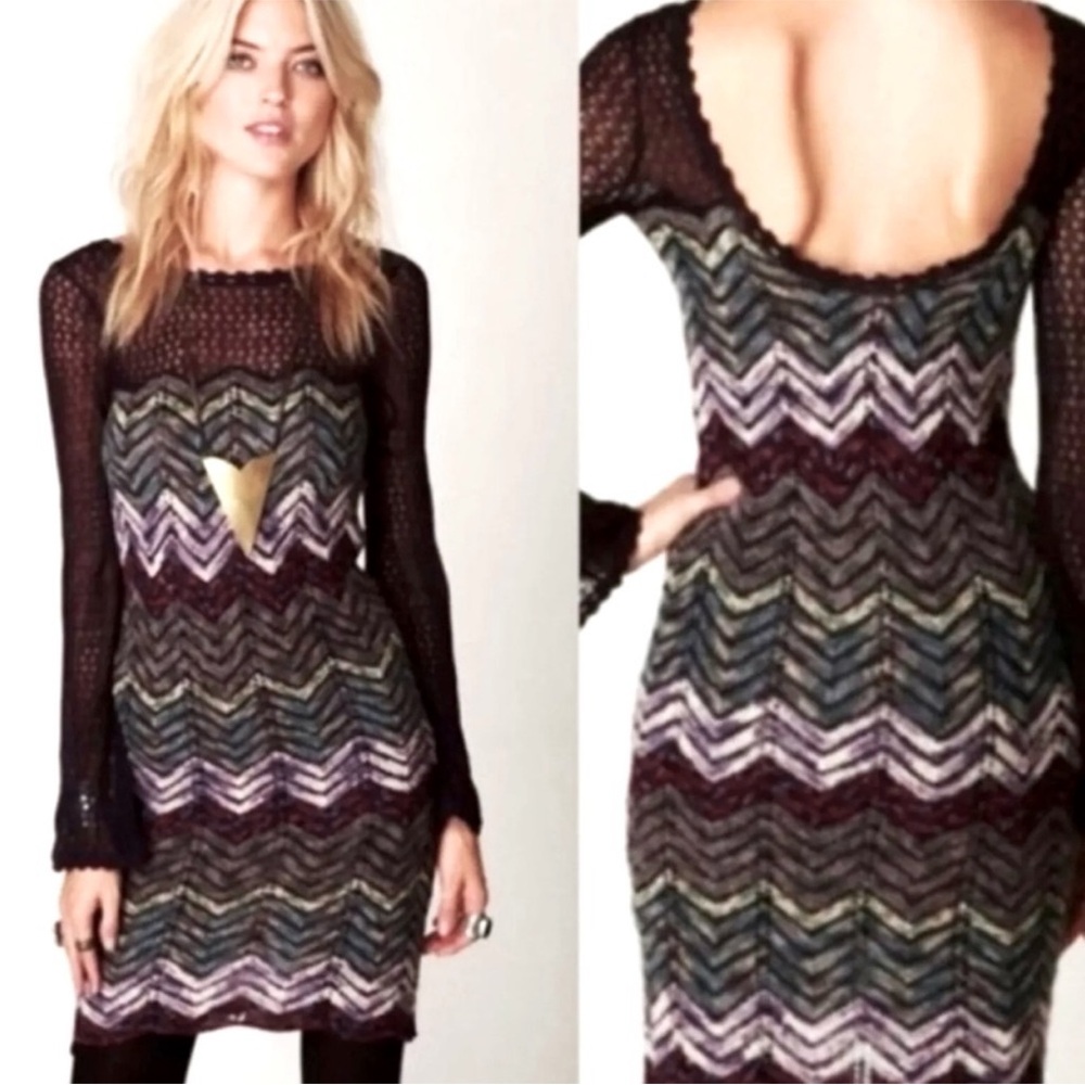Free People Dress Crochet Knit Long Sleeve Bell Chevron Pattern Wool Blend XS S
